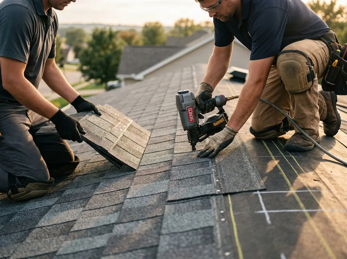 Professional roofer working on a residential roof in Avon Lake